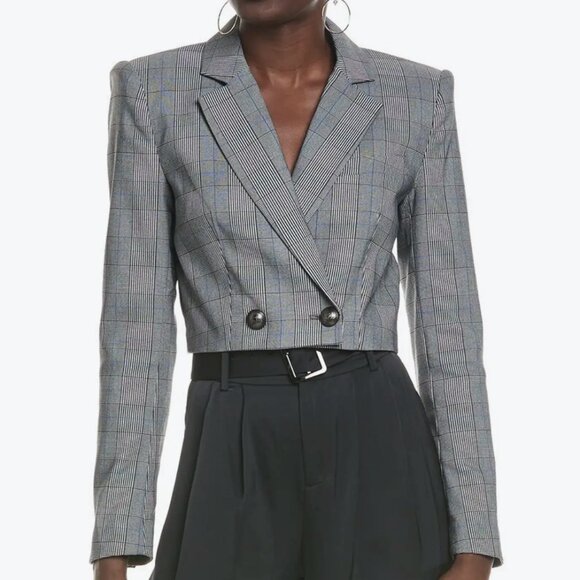 NWT RAMY BROOK | Sienna Plaid Cropped Blazer - Grey - Picture 1 of 17